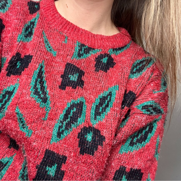 VINTAGE Red Green Leaf 90s Sweater - Picture 6 of 7